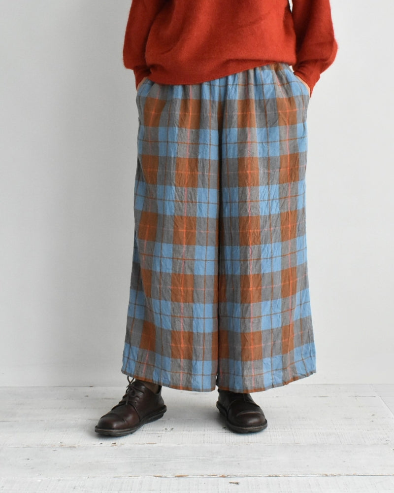 Linen Cotton Check Pants in Blue