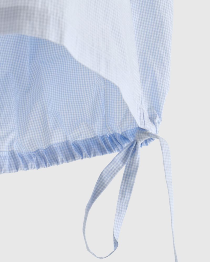 TENDER-W Back Gather French Sleeve Blouse in SaxCheck