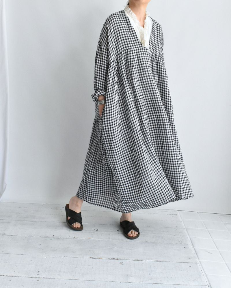 Gingham Check Linen Dress in BlackCheck