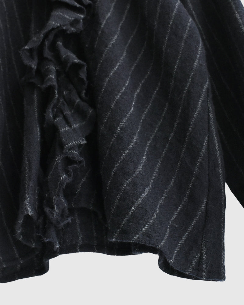 Wool Stripe Frill Trim Blouse in Navy