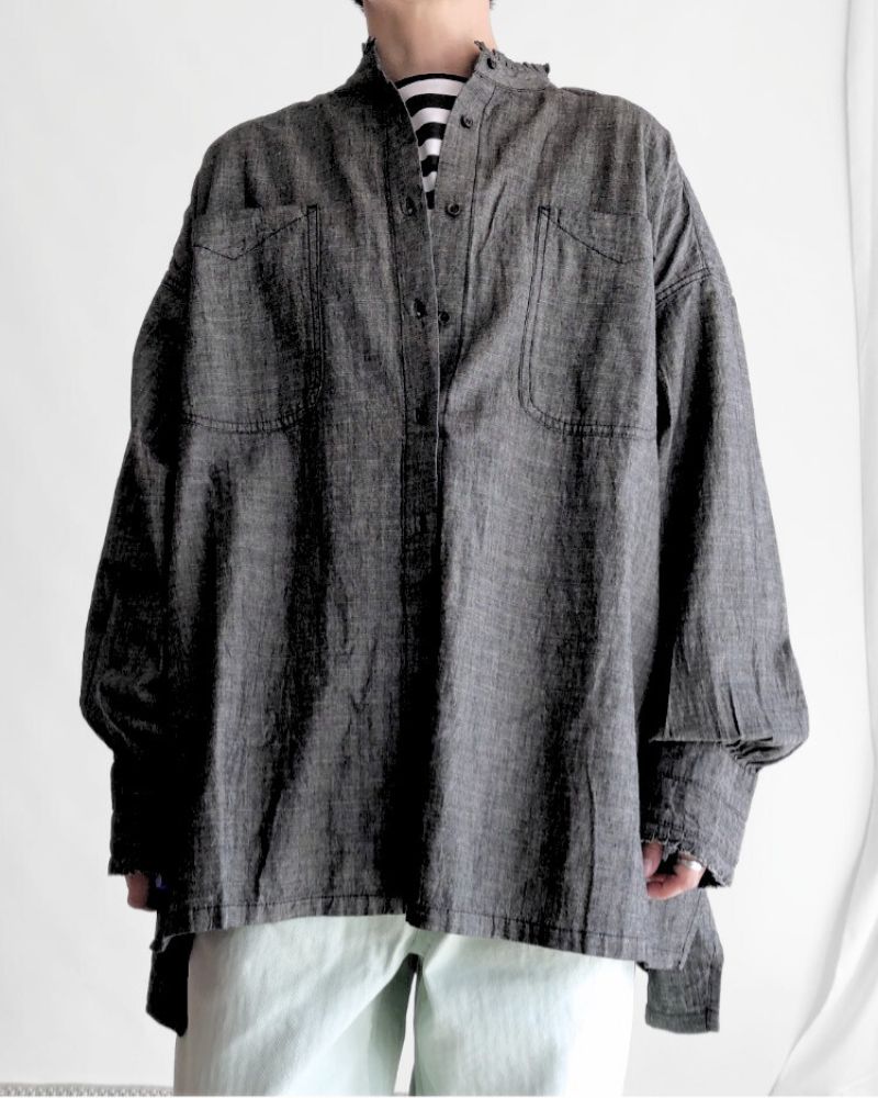 5oz Cotton Linen Slub Denim Long Shirt in Black