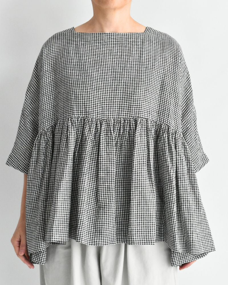 Dolman Gathered Blouse (LINEN) in Black/White