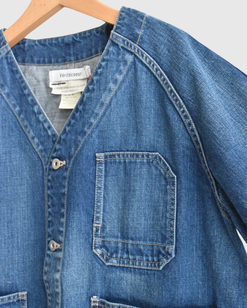 Collarless denim coverall in Denim