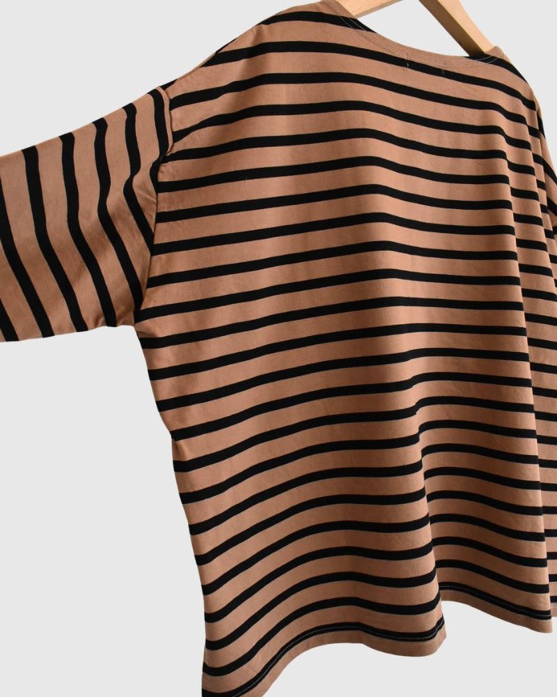 Cotton Striped Pullover in Mocha/Black