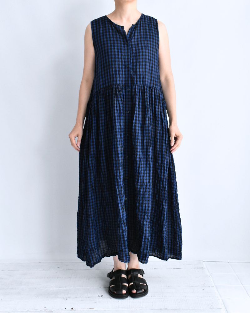 Block Check Sleeveless Gathered Dress in Navy