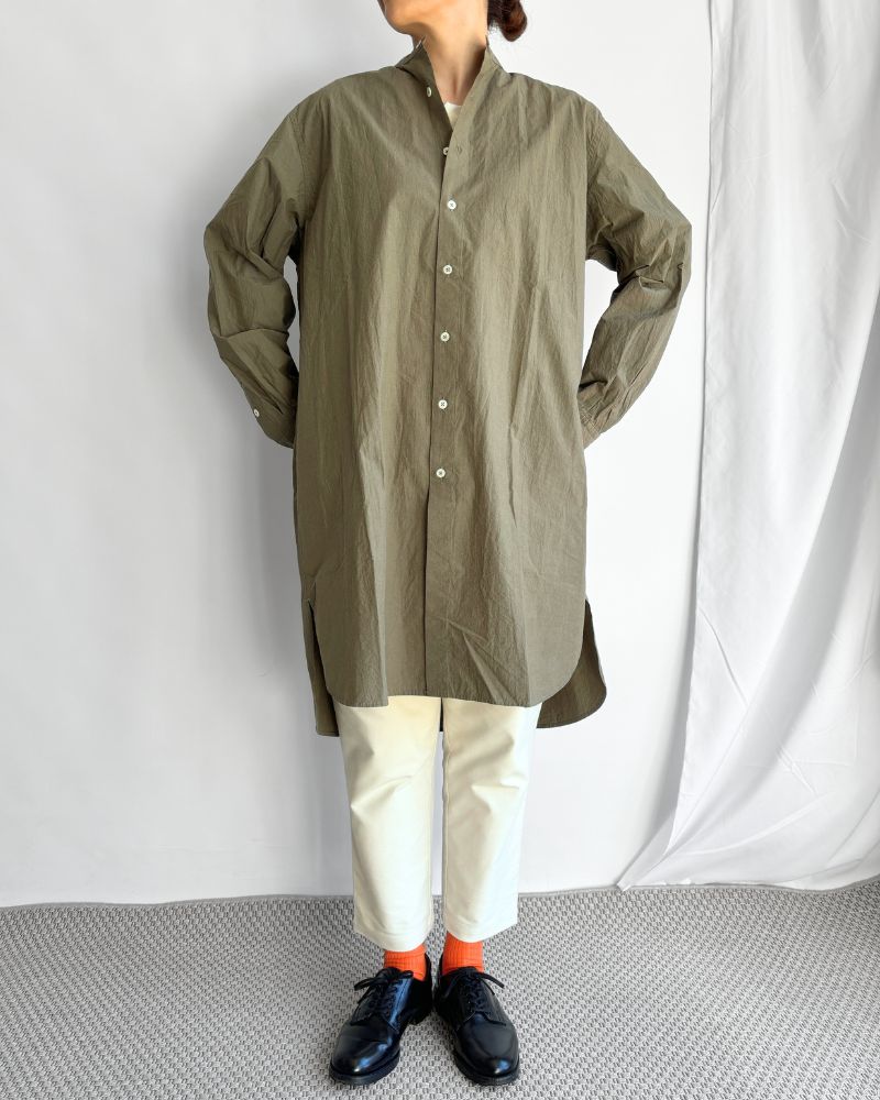 Band Collar Long Shirt in Khaki