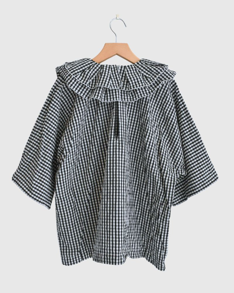 Tuck Frill Pullover in Black/Ecru Check