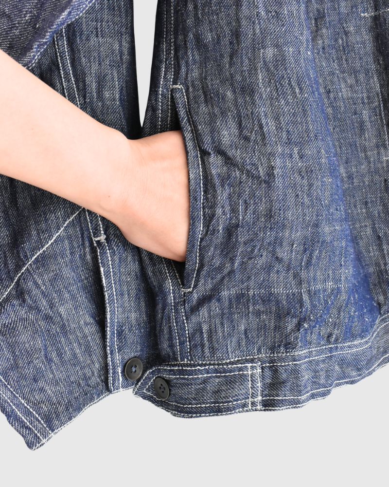 Handwoven Hemp Denim Collarless Jacket in Blue
