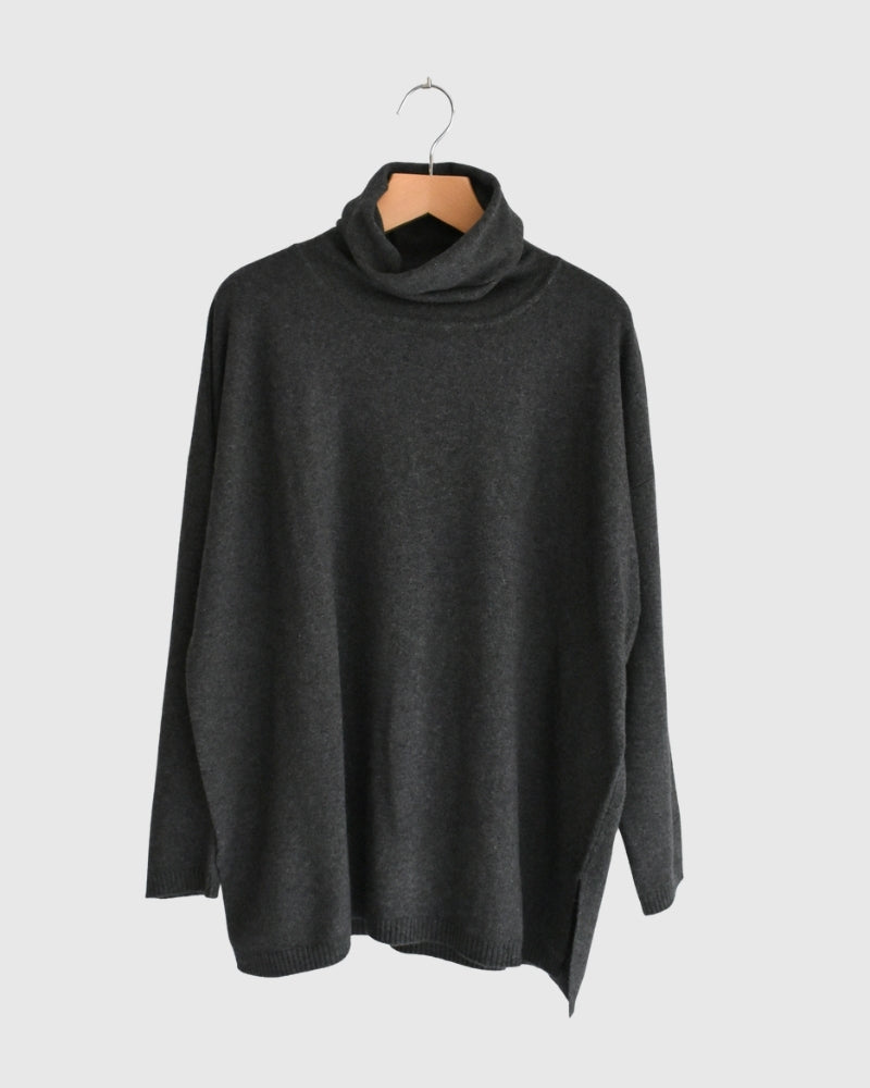 12GG Plain Stitch Drop Shoulder Polo Neck with Slit in Charcoal