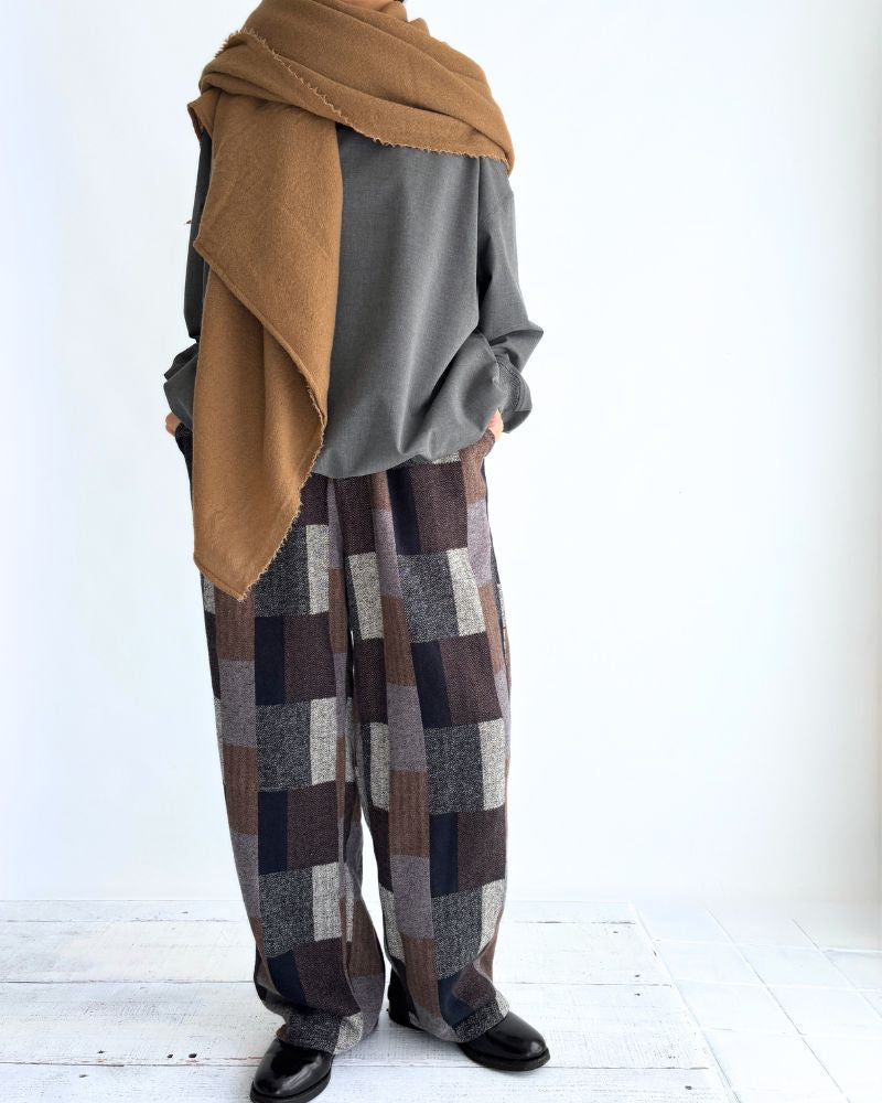 Patchwork Brushed Check Pants in Gray