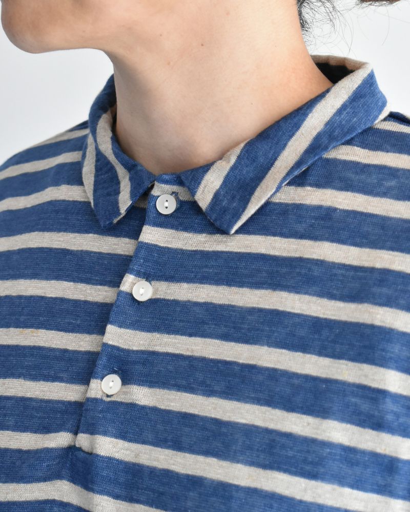 Linen Jersey Border Polo Shirt in Blue/Natural