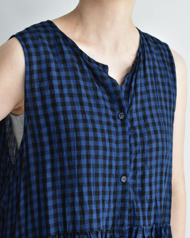 Block Check Sleeveless Gathered Dress in Navy
