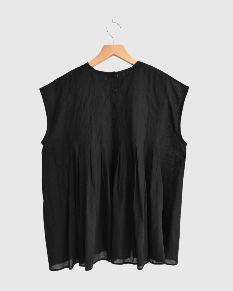 80s ORGANIC VOILE PLAIN CREW-NECK F/SLEEVE SHIRT WITH INVERTED PLEAT in Black