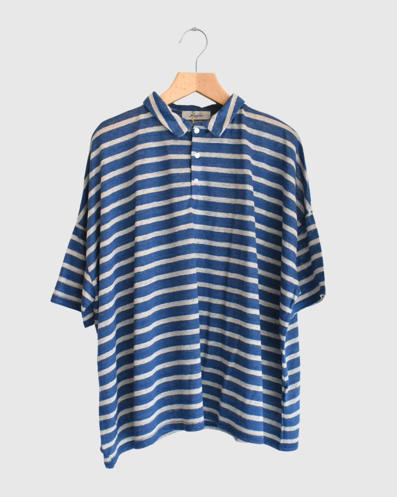 Linen Jersey Border Polo Shirt in Blue/Natural