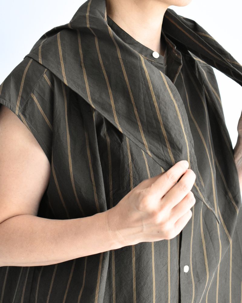 SMILE-W French sleeve blouse with scarf in BrownStripe