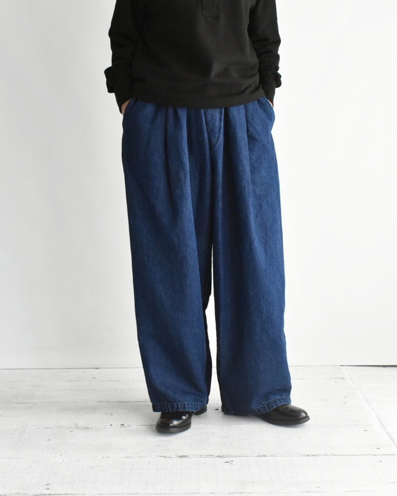 Cotton Linen Denim Tuck Pants in Stone Wash