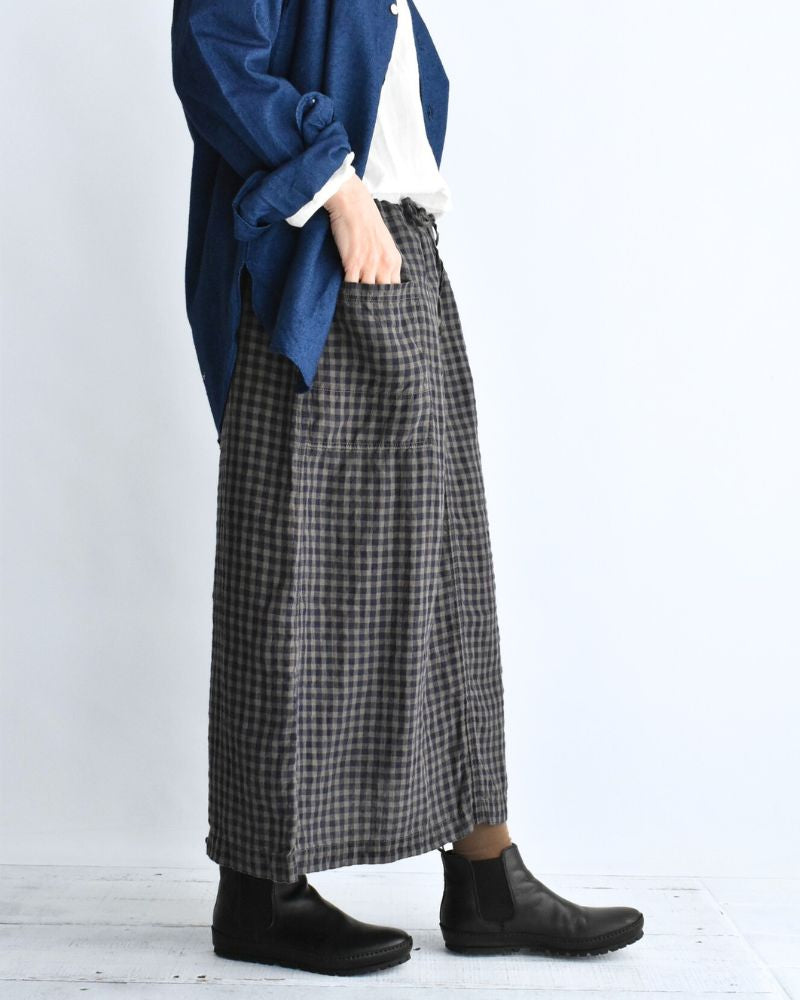 LINEN CHECK OVERDYE EASY SKIRT in SmokeGray