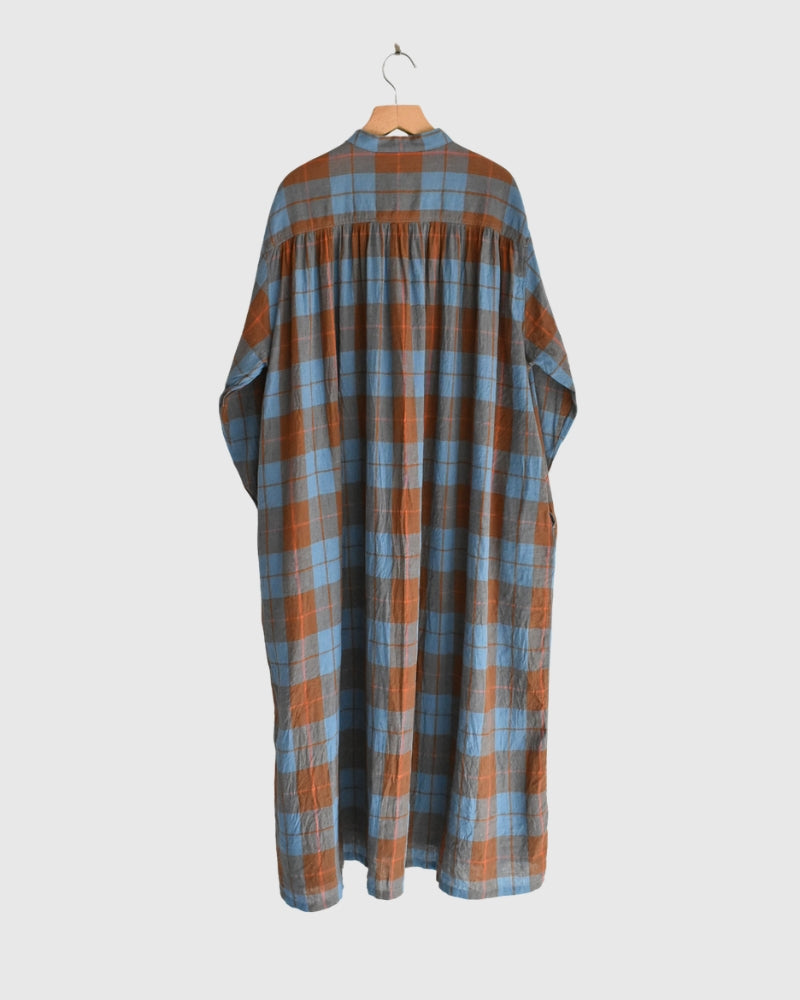 Linen Cotton Check Dress in Blue