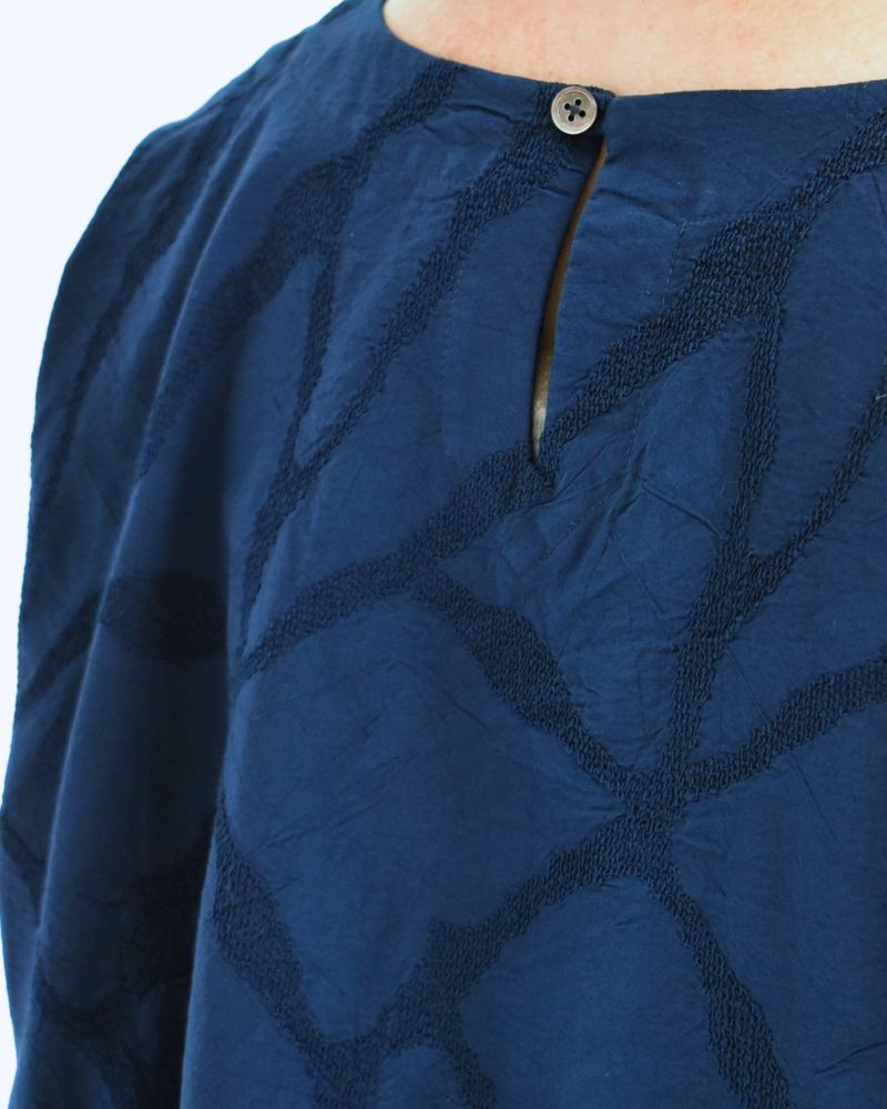 Panel Pullover Blouse (Embroidered) in Navy