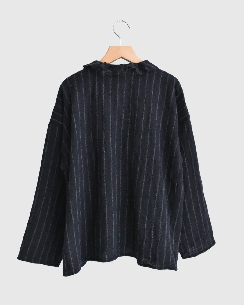 Wool Stripe Frill Trim Blouse in Navy