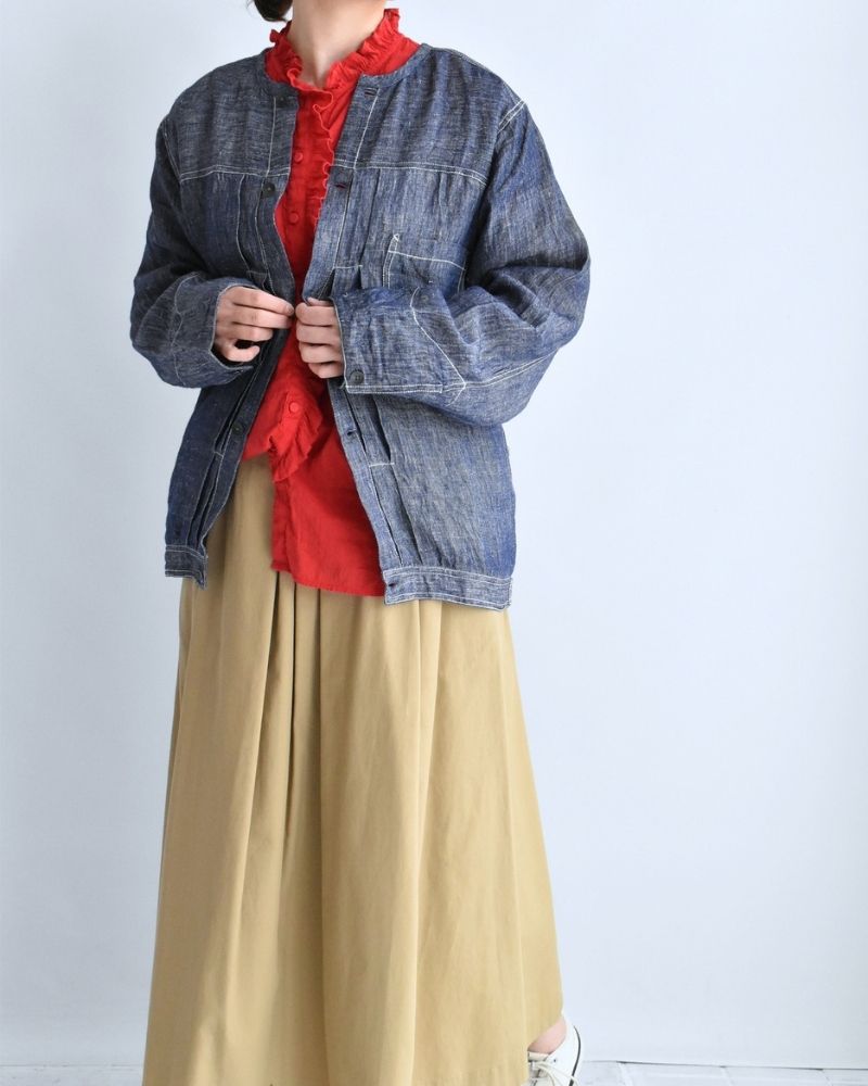 Handwoven Hemp Denim Collarless Jacket in Blue