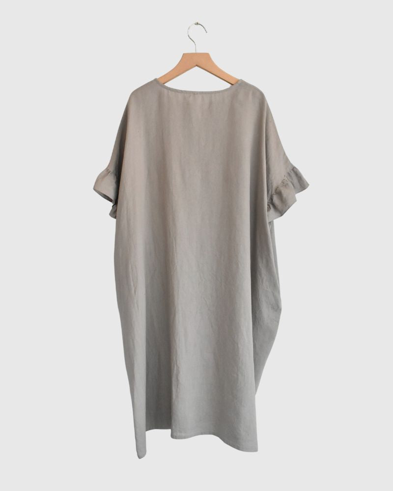 Frill top dress (LINEN) in Greige