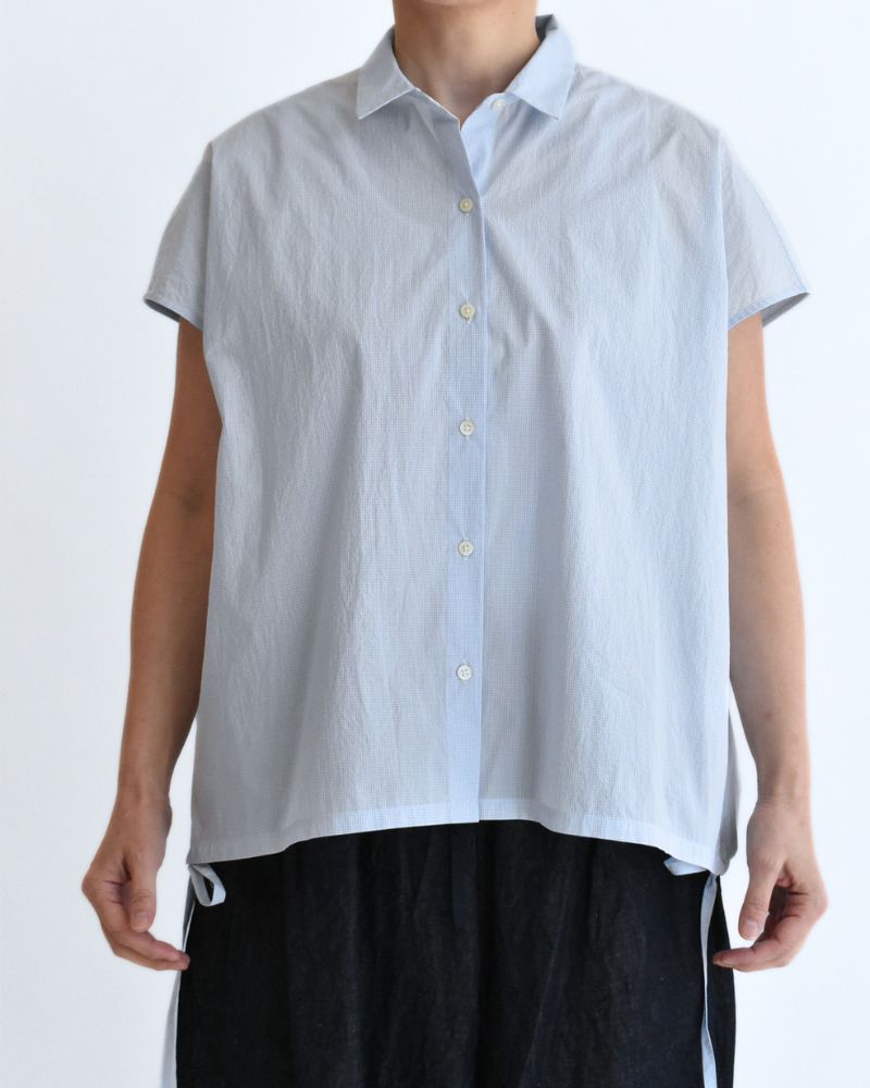 TENDER-W Back Gather French Sleeve Blouse in SaxCheck