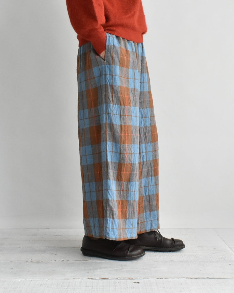 Linen Cotton Check Pants in Blue