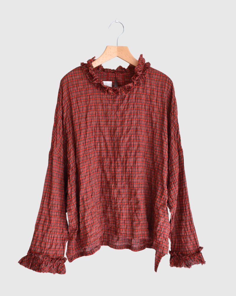Check Neck Frill Box Pullover in AkaCheck