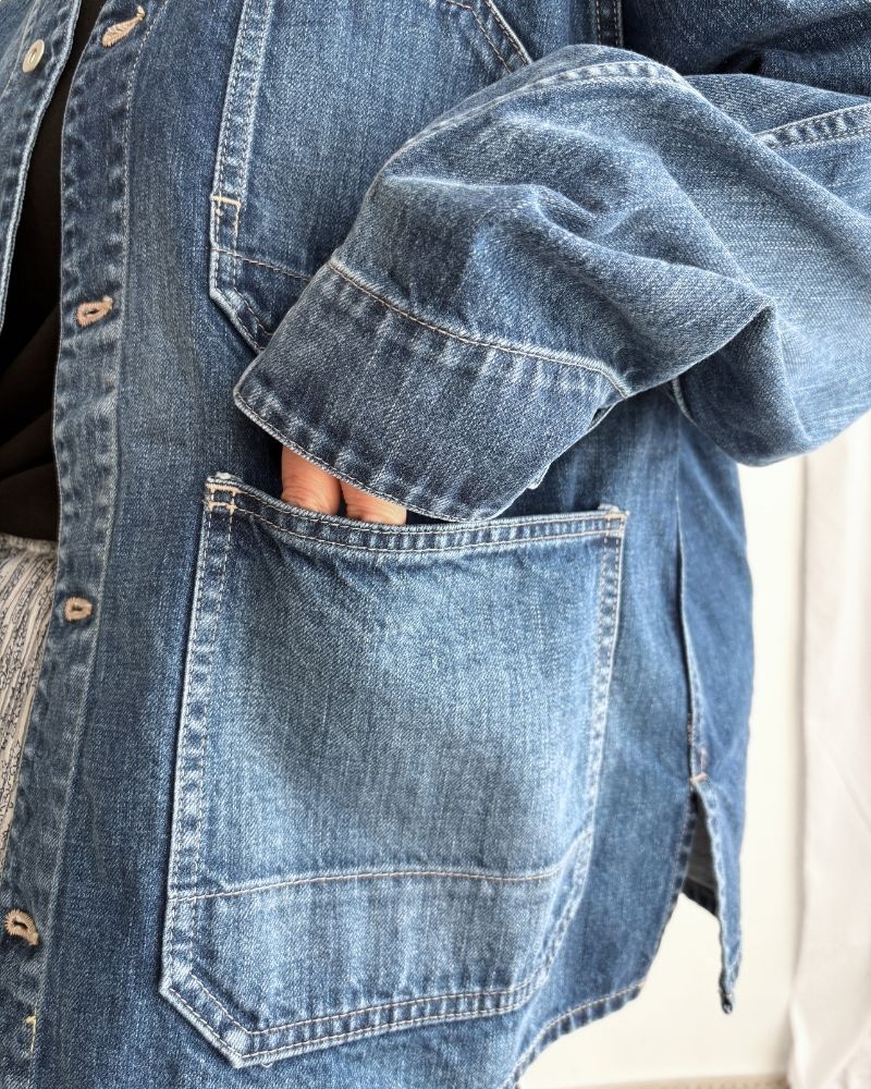 Collarless denim coverall in Denim