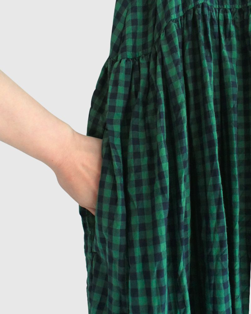 Block Check Sleeveless Gathered Dress in Green