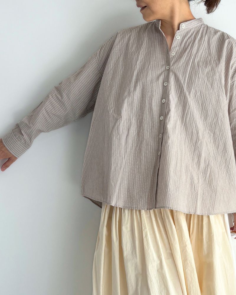 Band Collar Big Shirt in BrownStripe