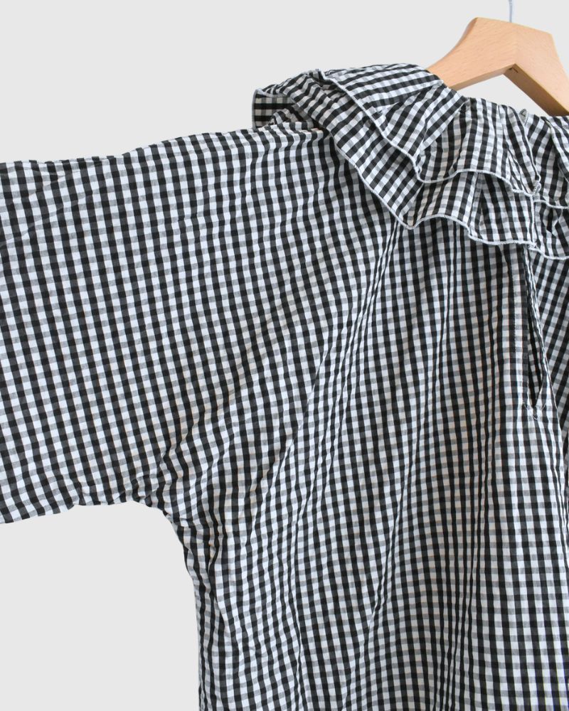 Tuck Frill Pullover in Black/Ecru Check