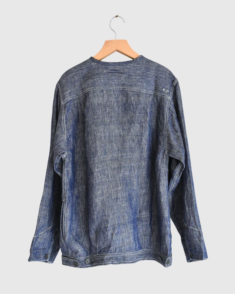 Handwoven Hemp Denim Collarless Jacket in Blue