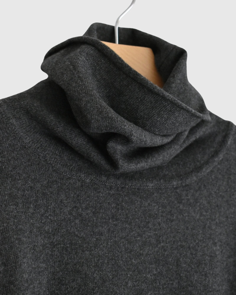 12GG Plain Stitch Drop Shoulder Polo Neck with Slit in Charcoal