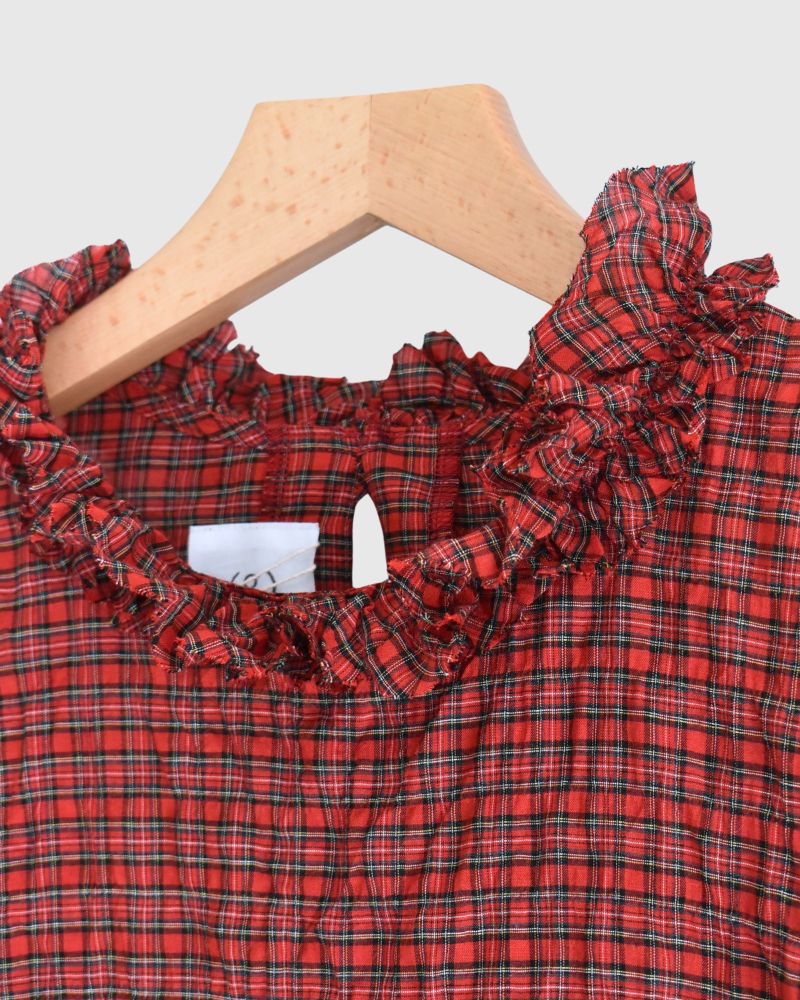 Check Neck Frill Box Pullover in AkaCheck