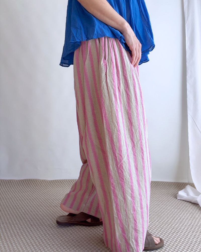 Linen Cotton Stripe Pants in Pink/Natural