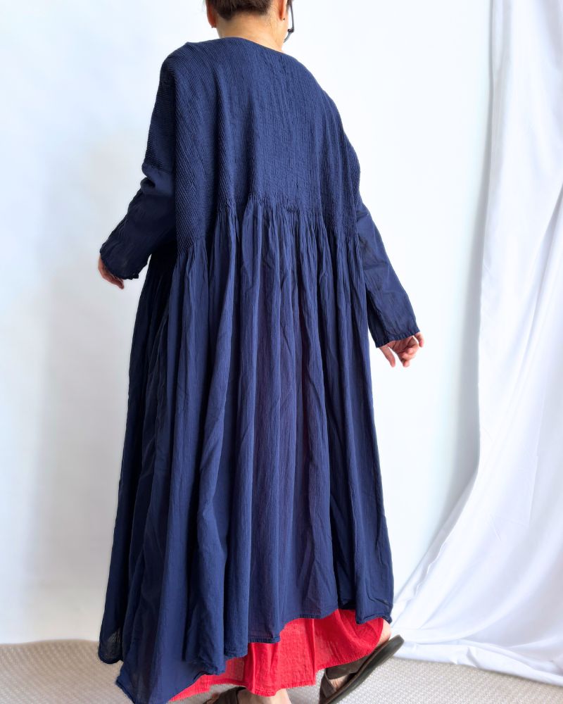 80s ORGANIC STRIPE(OVERDYE) MINI PINTUCK PULLOVER DRESS in Navy