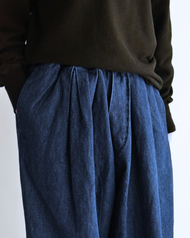 Cotton Linen Denim Tuck Pants in Stone Wash