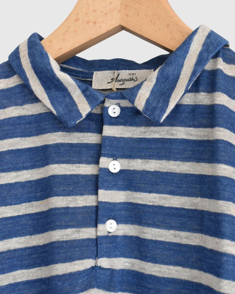 Linen Jersey Border Polo Shirt in Blue/Natural