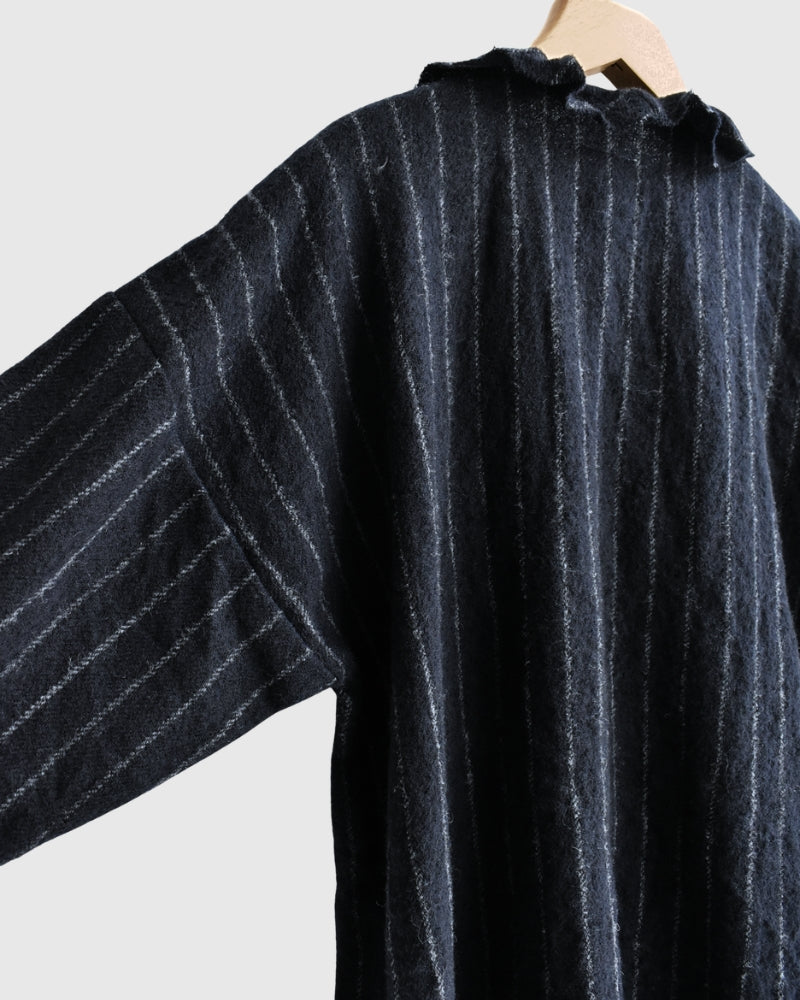 Wool Stripe Frill Trim Blouse in Navy