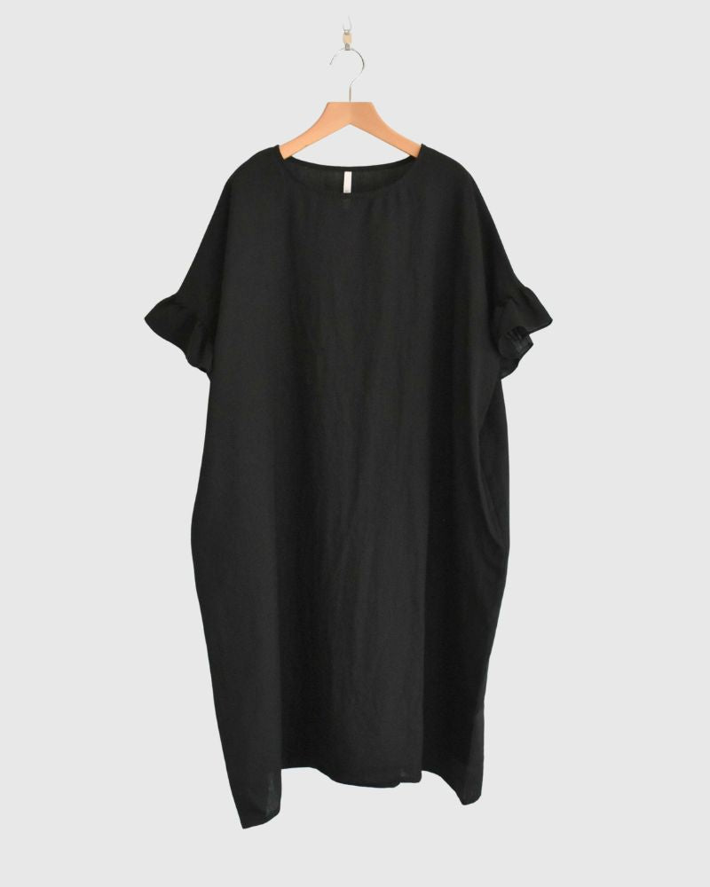 Frill top dress (LINEN) in Black