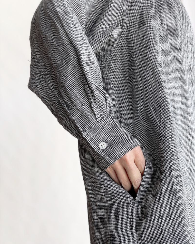 ANONYMOUS BAND COLLAR SHIRT DRESS in GrayBirdsEye