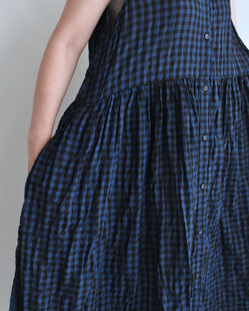 Block Check Sleeveless Gathered Dress in Navy