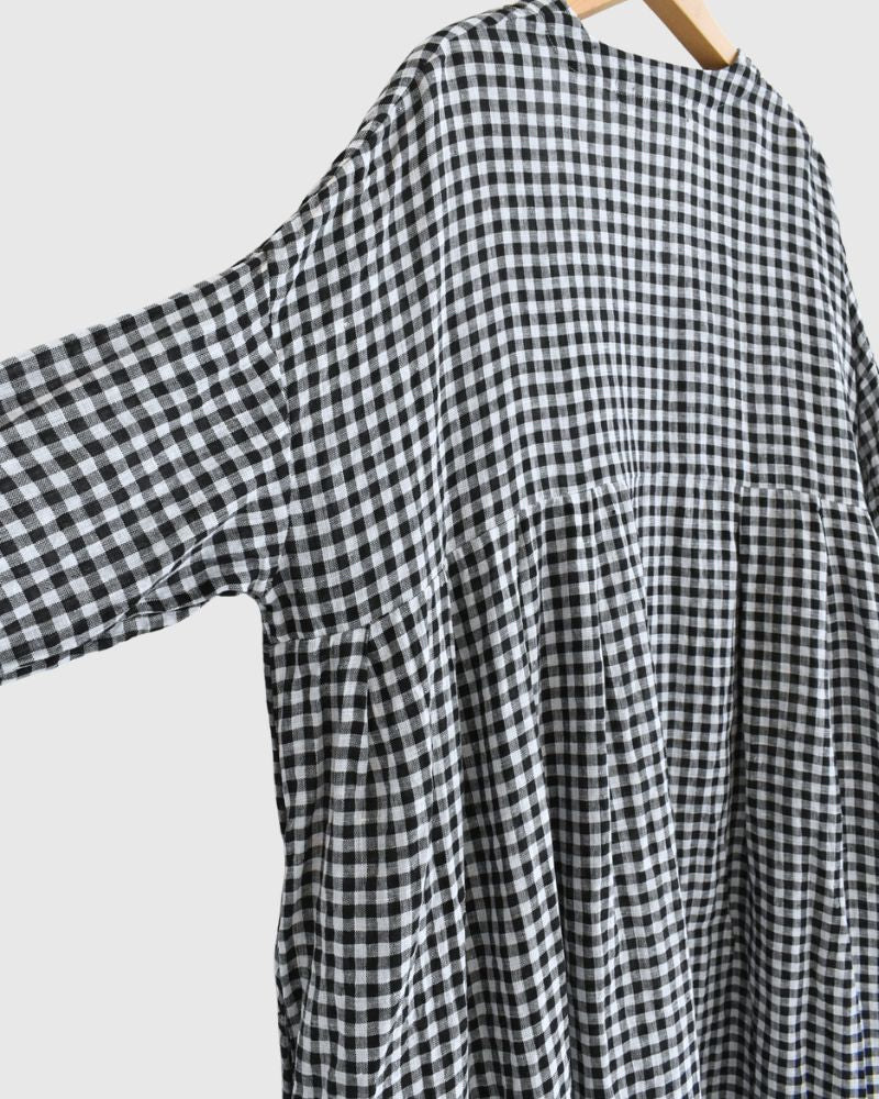 Gingham Check Linen Dress in BlackCheck