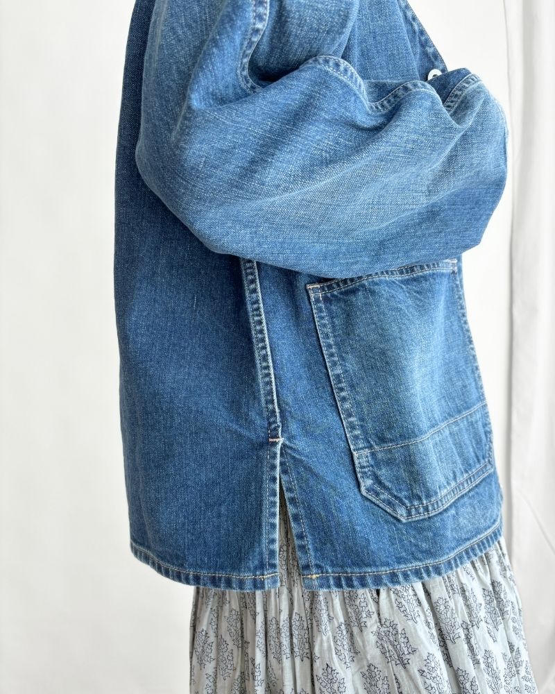 Collarless denim coverall in Denim