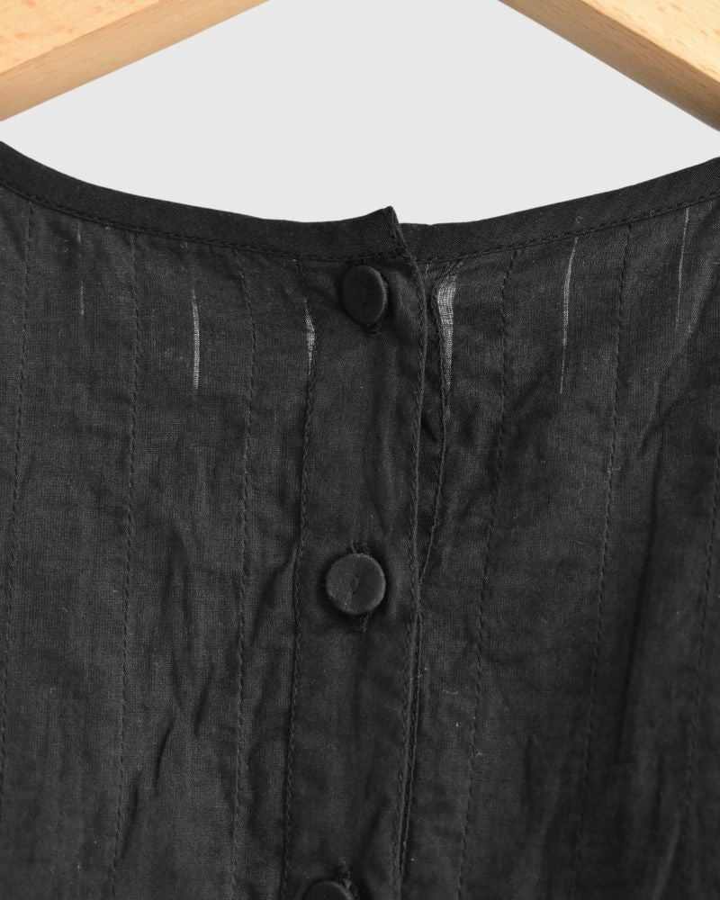 80s ORGANIC VOILE PLAIN CREW-NECK F/SLEEVE SHIRT WITH INVERTED PLEAT in Black
