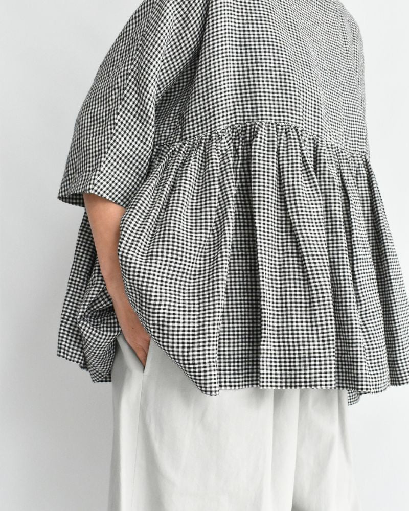 Dolman Gathered Blouse (LINEN) in Black/White