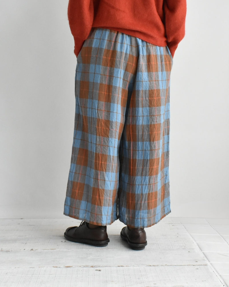 Linen Cotton Check Pants in Blue