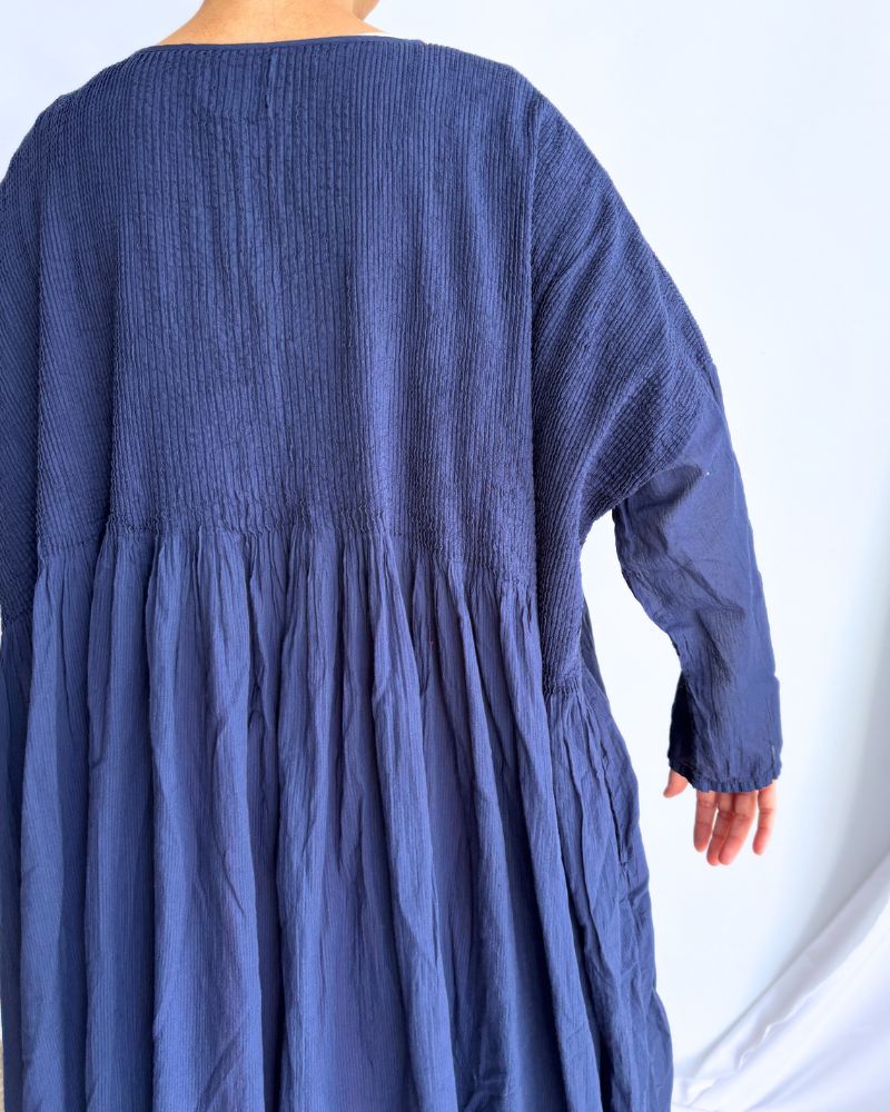 80s ORGANIC STRIPE(OVERDYE) MINI PINTUCK PULLOVER DRESS in Navy